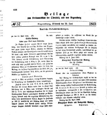 Königlich-bayerisches Kreis-Amtsblatt der Oberpfalz und von Regensburg (Königlich bayerisches Intelligenzblatt für die Oberpfalz und von Regensburg) Mittwoch 30. Juni 1869