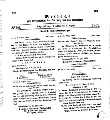 Königlich-bayerisches Kreis-Amtsblatt der Oberpfalz und von Regensburg (Königlich bayerisches Intelligenzblatt für die Oberpfalz und von Regensburg) Samstag 7. August 1869