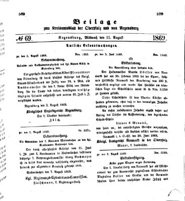 Königlich-bayerisches Kreis-Amtsblatt der Oberpfalz und von Regensburg (Königlich bayerisches Intelligenzblatt für die Oberpfalz und von Regensburg) Mittwoch 11. August 1869