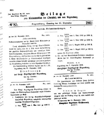 Königlich-bayerisches Kreis-Amtsblatt der Oberpfalz und von Regensburg (Königlich bayerisches Intelligenzblatt für die Oberpfalz und von Regensburg) Samstag 25. September 1869