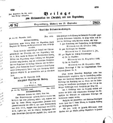 Königlich-bayerisches Kreis-Amtsblatt der Oberpfalz und von Regensburg (Königlich bayerisches Intelligenzblatt für die Oberpfalz und von Regensburg) Mittwoch 29. September 1869