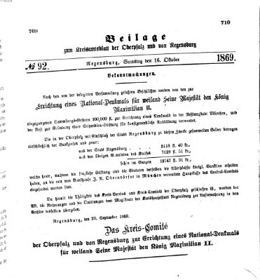 Königlich-bayerisches Kreis-Amtsblatt der Oberpfalz und von Regensburg (Königlich bayerisches Intelligenzblatt für die Oberpfalz und von Regensburg) Samstag 16. Oktober 1869