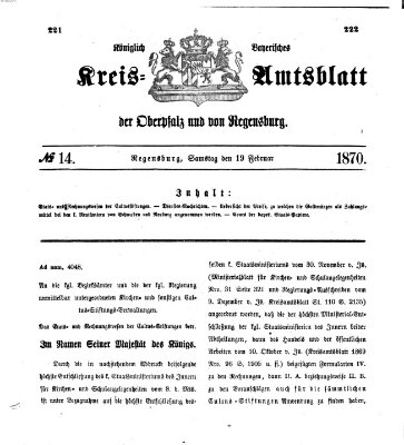 Königlich-bayerisches Kreis-Amtsblatt der Oberpfalz und von Regensburg (Königlich bayerisches Intelligenzblatt für die Oberpfalz und von Regensburg) Samstag 19. Februar 1870