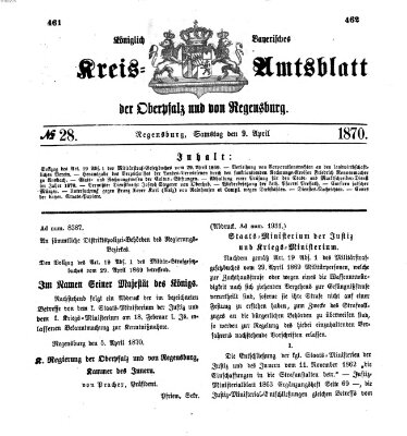 Königlich-bayerisches Kreis-Amtsblatt der Oberpfalz und von Regensburg (Königlich bayerisches Intelligenzblatt für die Oberpfalz und von Regensburg) Samstag 9. April 1870