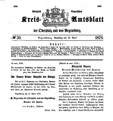 Königlich-bayerisches Kreis-Amtsblatt der Oberpfalz und von Regensburg (Königlich bayerisches Intelligenzblatt für die Oberpfalz und von Regensburg) Samstag 16. April 1870