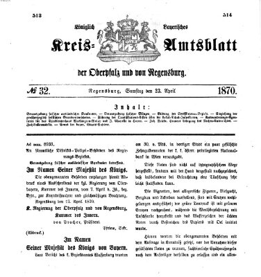 Königlich-bayerisches Kreis-Amtsblatt der Oberpfalz und von Regensburg (Königlich bayerisches Intelligenzblatt für die Oberpfalz und von Regensburg) Samstag 23. April 1870