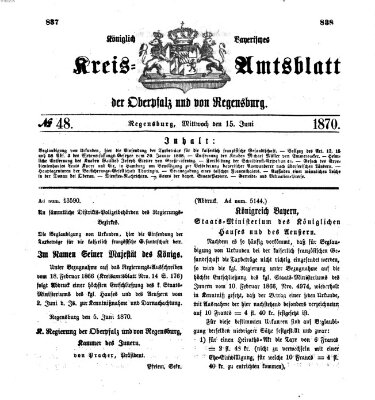 Königlich-bayerisches Kreis-Amtsblatt der Oberpfalz und von Regensburg (Königlich bayerisches Intelligenzblatt für die Oberpfalz und von Regensburg) Mittwoch 15. Juni 1870