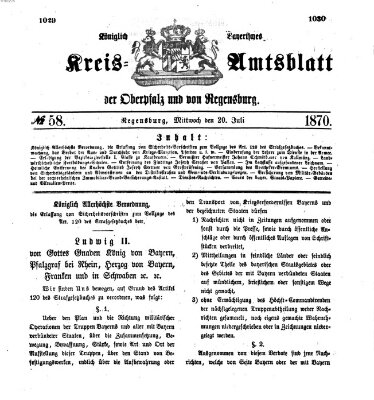 Königlich-bayerisches Kreis-Amtsblatt der Oberpfalz und von Regensburg (Königlich bayerisches Intelligenzblatt für die Oberpfalz und von Regensburg) Mittwoch 20. Juli 1870