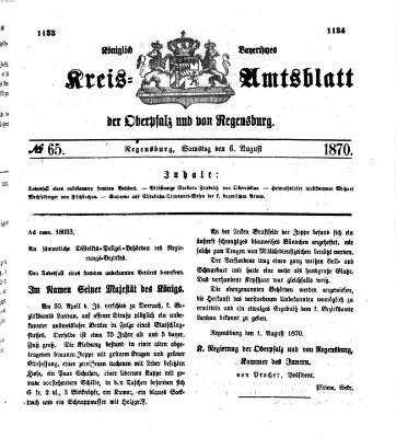 Königlich-bayerisches Kreis-Amtsblatt der Oberpfalz und von Regensburg (Königlich bayerisches Intelligenzblatt für die Oberpfalz und von Regensburg) Samstag 6. August 1870