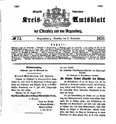 Königlich-bayerisches Kreis-Amtsblatt der Oberpfalz und von Regensburg (Königlich bayerisches Intelligenzblatt für die Oberpfalz und von Regensburg) Samstag 3. September 1870