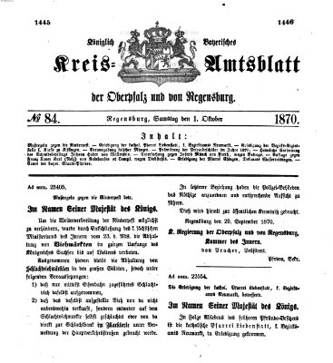 Königlich-bayerisches Kreis-Amtsblatt der Oberpfalz und von Regensburg (Königlich bayerisches Intelligenzblatt für die Oberpfalz und von Regensburg) Samstag 1. Oktober 1870