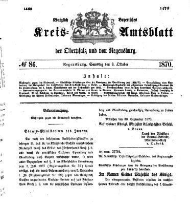 Königlich-bayerisches Kreis-Amtsblatt der Oberpfalz und von Regensburg (Königlich bayerisches Intelligenzblatt für die Oberpfalz und von Regensburg) Samstag 8. Oktober 1870