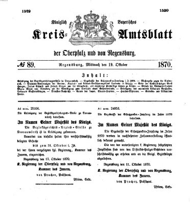 Königlich-bayerisches Kreis-Amtsblatt der Oberpfalz und von Regensburg (Königlich bayerisches Intelligenzblatt für die Oberpfalz und von Regensburg) Mittwoch 19. Oktober 1870