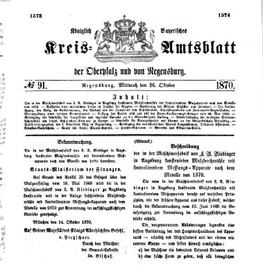 Königlich-bayerisches Kreis-Amtsblatt der Oberpfalz und von Regensburg (Königlich bayerisches Intelligenzblatt für die Oberpfalz und von Regensburg) Mittwoch 26. Oktober 1870