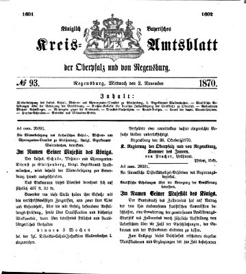 Königlich-bayerisches Kreis-Amtsblatt der Oberpfalz und von Regensburg (Königlich bayerisches Intelligenzblatt für die Oberpfalz und von Regensburg) Mittwoch 2. November 1870