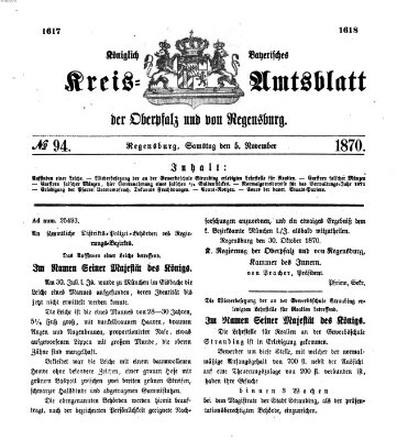 Königlich-bayerisches Kreis-Amtsblatt der Oberpfalz und von Regensburg (Königlich bayerisches Intelligenzblatt für die Oberpfalz und von Regensburg) Samstag 5. November 1870