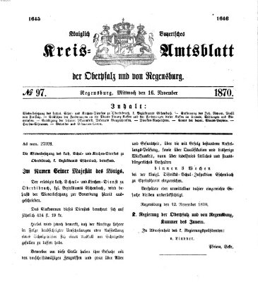 Königlich-bayerisches Kreis-Amtsblatt der Oberpfalz und von Regensburg (Königlich bayerisches Intelligenzblatt für die Oberpfalz und von Regensburg) Mittwoch 16. November 1870