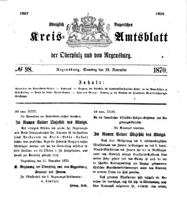 Königlich-bayerisches Kreis-Amtsblatt der Oberpfalz und von Regensburg (Königlich bayerisches Intelligenzblatt für die Oberpfalz und von Regensburg) Samstag 19. November 1870