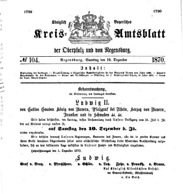 Königlich-bayerisches Kreis-Amtsblatt der Oberpfalz und von Regensburg (Königlich bayerisches Intelligenzblatt für die Oberpfalz und von Regensburg) Samstag 10. Dezember 1870