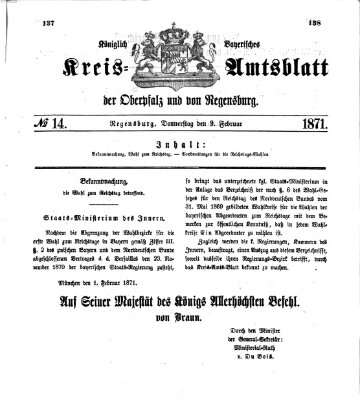 Königlich-bayerisches Kreis-Amtsblatt der Oberpfalz und von Regensburg (Königlich bayerisches Intelligenzblatt für die Oberpfalz und von Regensburg) Donnerstag 9. Februar 1871