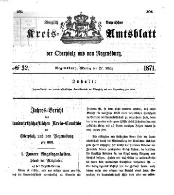 Königlich-bayerisches Kreis-Amtsblatt der Oberpfalz und von Regensburg (Königlich bayerisches Intelligenzblatt für die Oberpfalz und von Regensburg) Montag 27. März 1871