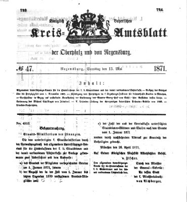 Königlich-bayerisches Kreis-Amtsblatt der Oberpfalz und von Regensburg (Königlich bayerisches Intelligenzblatt für die Oberpfalz und von Regensburg) Samstag 13. Mai 1871