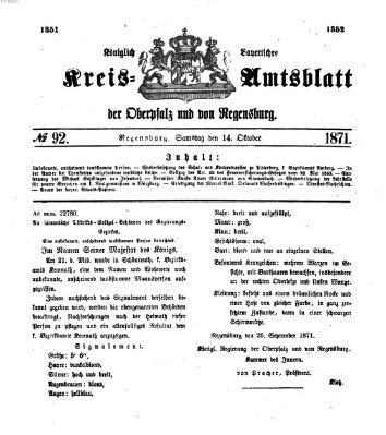 Königlich-bayerisches Kreis-Amtsblatt der Oberpfalz und von Regensburg (Königlich bayerisches Intelligenzblatt für die Oberpfalz und von Regensburg) Samstag 14. Oktober 1871