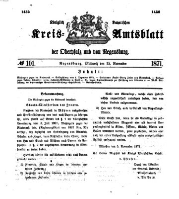 Königlich-bayerisches Kreis-Amtsblatt der Oberpfalz und von Regensburg (Königlich bayerisches Intelligenzblatt für die Oberpfalz und von Regensburg) Mittwoch 15. November 1871