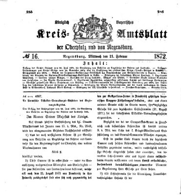 Königlich-bayerisches Kreis-Amtsblatt der Oberpfalz und von Regensburg (Königlich bayerisches Intelligenzblatt für die Oberpfalz und von Regensburg) Mittwoch 21. Februar 1872