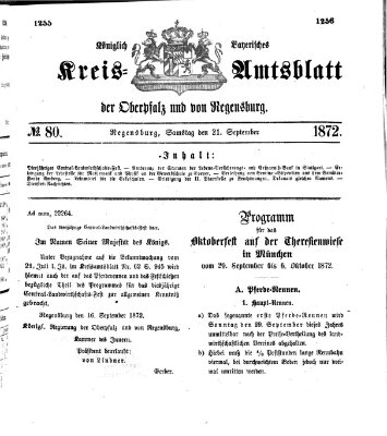 Königlich-bayerisches Kreis-Amtsblatt der Oberpfalz und von Regensburg (Königlich bayerisches Intelligenzblatt für die Oberpfalz und von Regensburg) Samstag 21. September 1872