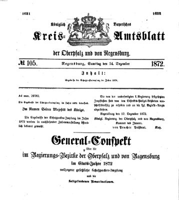 Königlich-bayerisches Kreis-Amtsblatt der Oberpfalz und von Regensburg (Königlich bayerisches Intelligenzblatt für die Oberpfalz und von Regensburg) Samstag 14. Dezember 1872