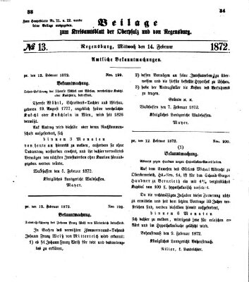 Königlich-bayerisches Kreis-Amtsblatt der Oberpfalz und von Regensburg (Königlich bayerisches Intelligenzblatt für die Oberpfalz und von Regensburg) Mittwoch 14. Februar 1872