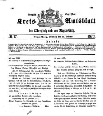 Königlich-bayerisches Kreis-Amtsblatt der Oberpfalz und von Regensburg (Königlich bayerisches Intelligenzblatt für die Oberpfalz und von Regensburg) Mittwoch 26. Februar 1873