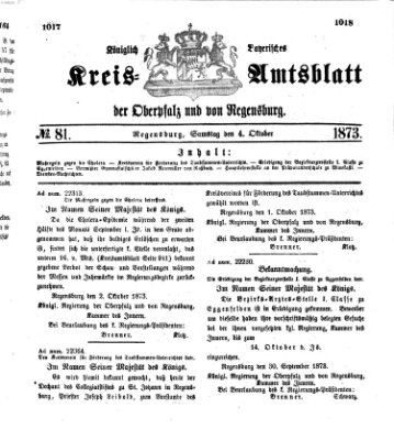 Königlich-bayerisches Kreis-Amtsblatt der Oberpfalz und von Regensburg (Königlich bayerisches Intelligenzblatt für die Oberpfalz und von Regensburg) Samstag 4. Oktober 1873