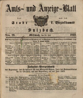 Amts- und Anzeigeblatt der Stadt und des K. Bezirksamts Sulzbach (Sulzbacher Wochenblatt) Mittwoch 21. Juli 1869