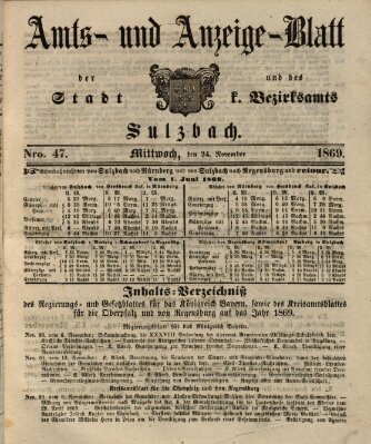 Amts- und Anzeigeblatt der Stadt und des K. Bezirksamts Sulzbach (Sulzbacher Wochenblatt) Mittwoch 24. November 1869