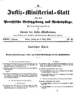 Justiz-Ministerialblatt für die preußische Gesetzgebung und Rechtspflege Freitag 6. März 1874