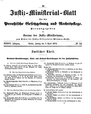 Justiz-Ministerialblatt für die preußische Gesetzgebung und Rechtspflege Freitag 3. April 1874