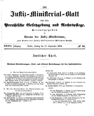 Justiz-Ministerialblatt für die preußische Gesetzgebung und Rechtspflege Freitag 11. September 1874