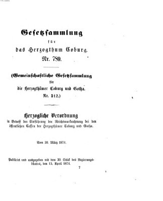 Gesetz-Sammlung für das Herzogtum Coburg (Coburger Regierungs-Blatt) Mittwoch 15. April 1874