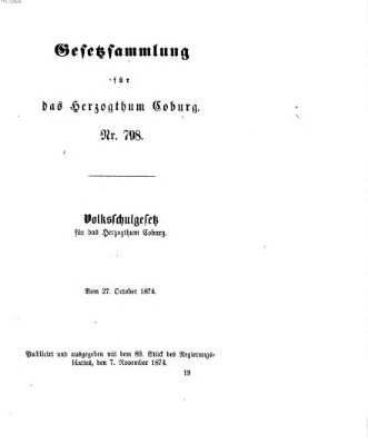 Gesetz-Sammlung für das Herzogtum Coburg (Coburger Regierungs-Blatt) Samstag 7. November 1874