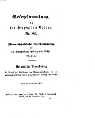 Gesetz-Sammlung für das Herzogtum Coburg (Coburger Regierungs-Blatt) Mittwoch 16. Dezember 1874