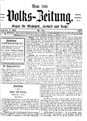 Neue freie Volks-Zeitung Freitag 3. Juli 1874