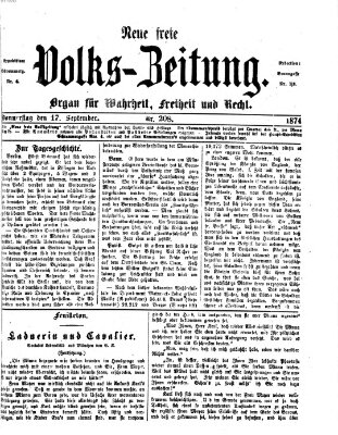 Neue freie Volks-Zeitung Donnerstag 17. September 1874