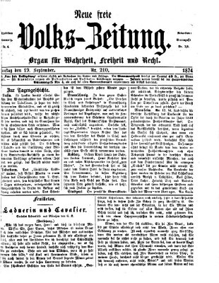 Neue freie Volks-Zeitung Samstag 19. September 1874