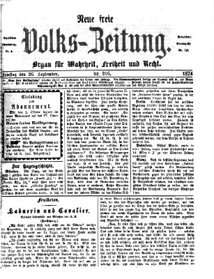 Neue freie Volks-Zeitung Samstag 26. September 1874