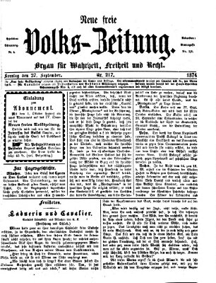 Neue freie Volks-Zeitung Sonntag 27. September 1874