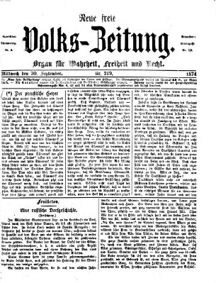 Neue freie Volks-Zeitung Mittwoch 30. September 1874