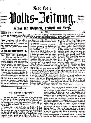 Neue freie Volks-Zeitung Samstag 3. Oktober 1874