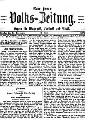 Neue freie Volks-Zeitung Samstag 14. November 1874